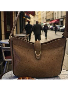 Vintage Pourchet Paris Ostrich-Embossed Leather Shoulder Bag